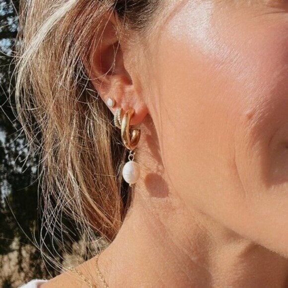 Dangle Pearl Earrings Gold Chunky hoop w/dangle Pearl Waterproof Gold Hoops CUTE - Picture 12 of 12